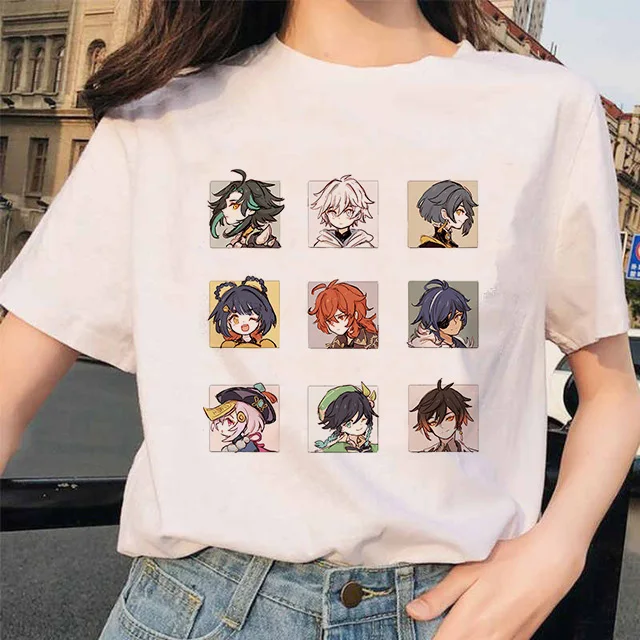

Funny Cartoon Hu Tao T-shirt Graphic T Shirts Printed Cotton Tee Aesthetic Kawaii Clothes Tops for Women summer Short Sleeves
