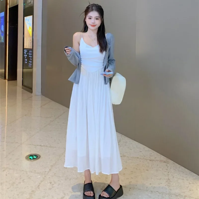 Maternity Dress Set Casual Knitted White Strap Dress plus Outerwear Comfortable Maternity Wear for Pregnant Women