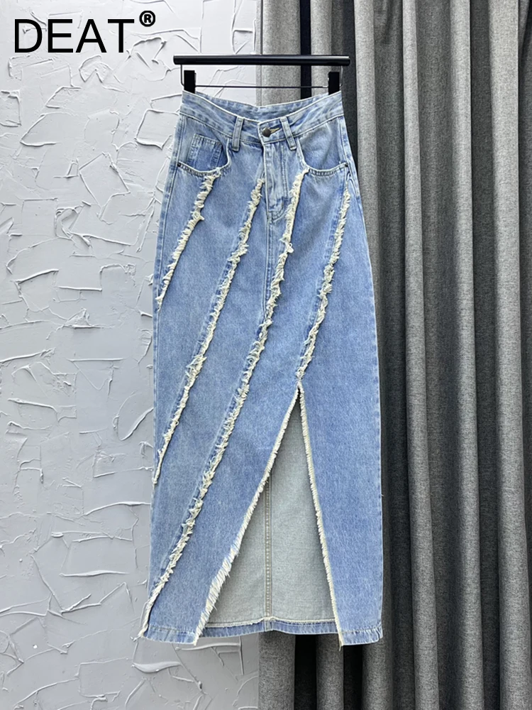 

DEAT Women's Denim Skirt Burrs Patchwork High Waist Slit Solid Color Straight Mid-calf Skirts 2023 Summer New Fashion 29L959