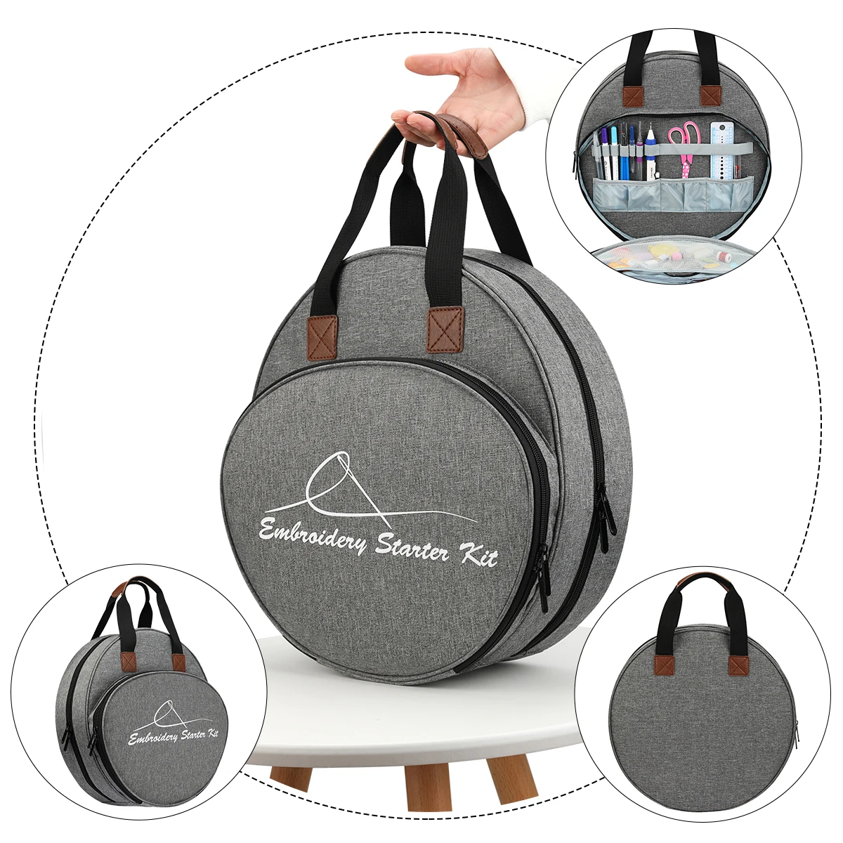 Embroidery Thread Bag Maple Leaves Round Embroidered Circle Knitting Tote Sewing Tool Accessories