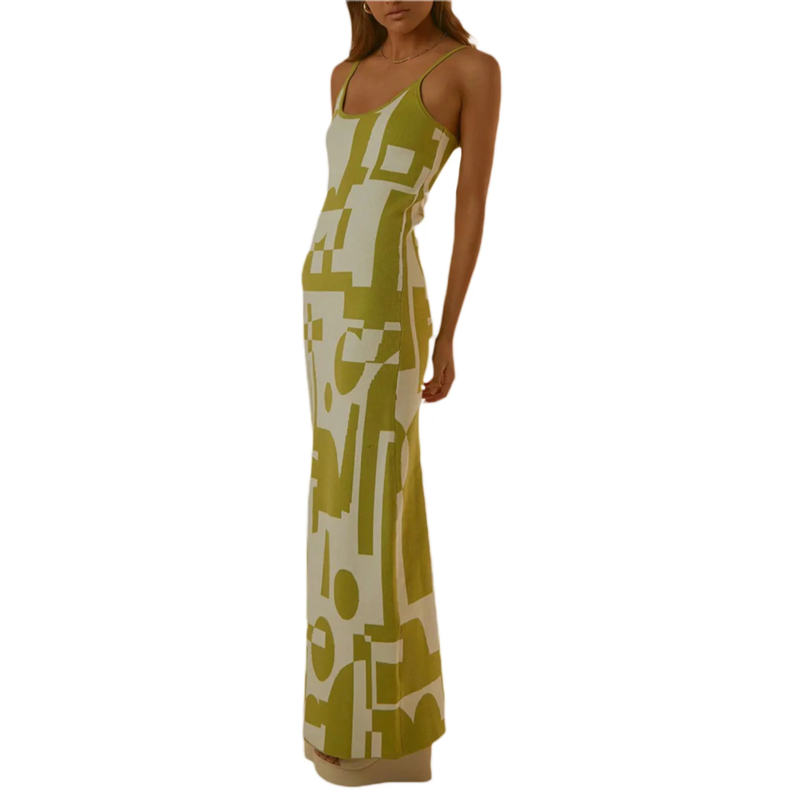 

Women Y2k Knitted Bodycon Dress Sexy Low Cut Spaghetti Strap Color Block Long Dress Summer Backless Holiday Party Dress