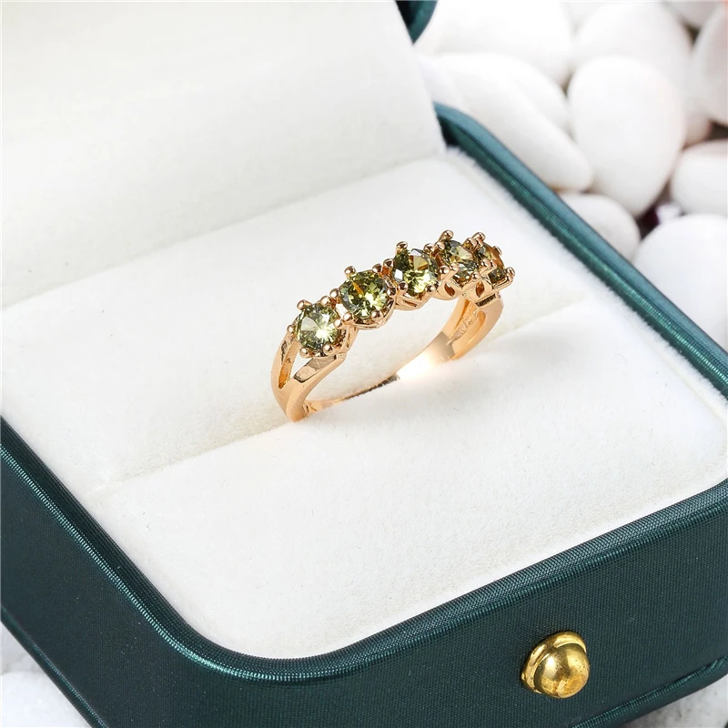 Copper August Birthstone Unadjustable Rings Gold Color Olive Green Cubic Zirconia Rings For Birthdays Gifts, 1 Piece