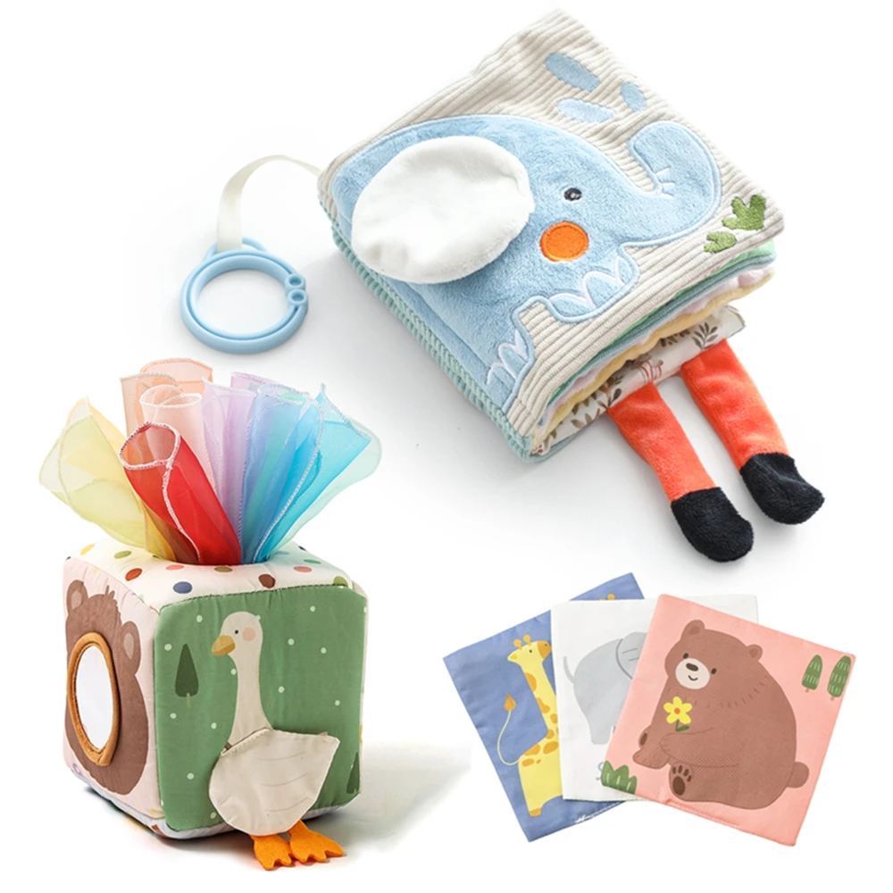 Baby Elefanten Tuch Buch Spielzeug Tissue Box Beruhigende Spielzeug Montessori Sinnes Spielzeug Pädagogisches Spielzeug Fördert die Feinmotorik Entwicklung Geschenk – Detail 2