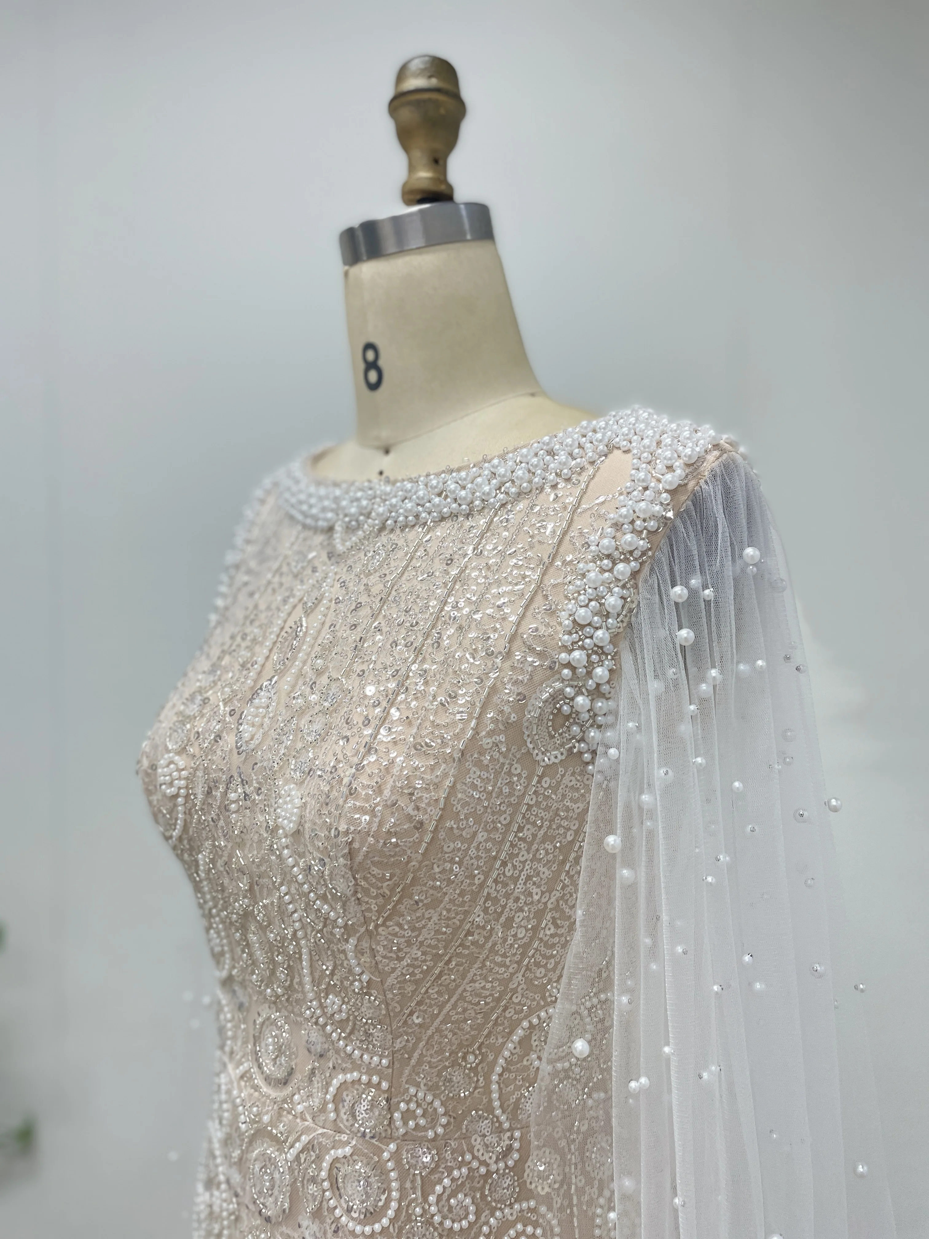 MYMB Luxus Dubai Weiß Nude Meerjungfrau Abendkleid Mit Cape Sleeve Für Frauen Hochzeit Braut Arabisch Braut Party Kleider MB40369 – Detail 3