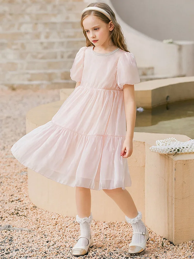 

Baby Girls Summer Dresses Short Sleeve Pink Pearl Decro Wedding Flower Girl Wear Birthday Party Princess Clothing 3T 14yrs Kids