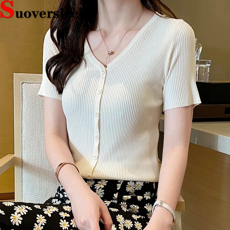 

V Neck Summer Knitted T-shirts Thin Ice Silk Short-sleeve Tops Slim Cropped Single Breasted Tees Casual Women's Knitwear T Shirt