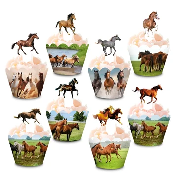 16pcs 승마 컵케익 토퍼 래퍼 야생 말 컵케익 라이너 케이크 장식, 생일 파티 디저트 드레스 용품