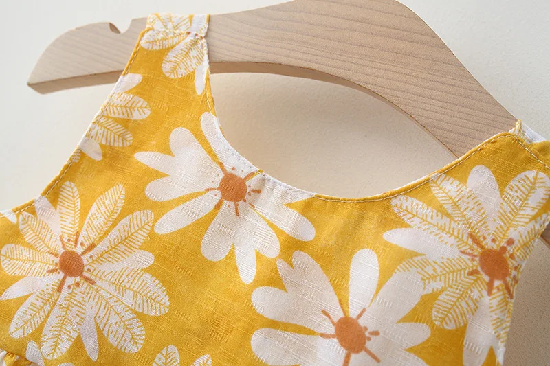 Gänseblümchen-Blumen-bedrucktes Schleifenkleid für Kleinkinder, Strandurlaub, Kleid, Baby-Mädchen, Sommerkleidung, Hut senden – Detail 10