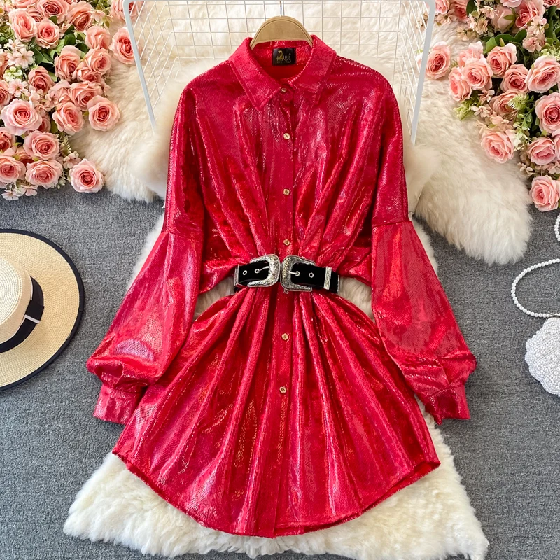 

Temperament Women's Retro Skirt Spring and Autumn Lapel Chic Button A-line Dress Korean Casual Puff Sleeve Drawstring Dress