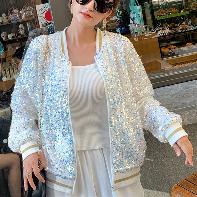 Excretar debajo idea Chaqueta Bomber con lentejuelas para mujer, uniforme de béisbol de manga  larga con cremallera, blanco y rosa, primavera y otoño _ - AliExpress Mobile