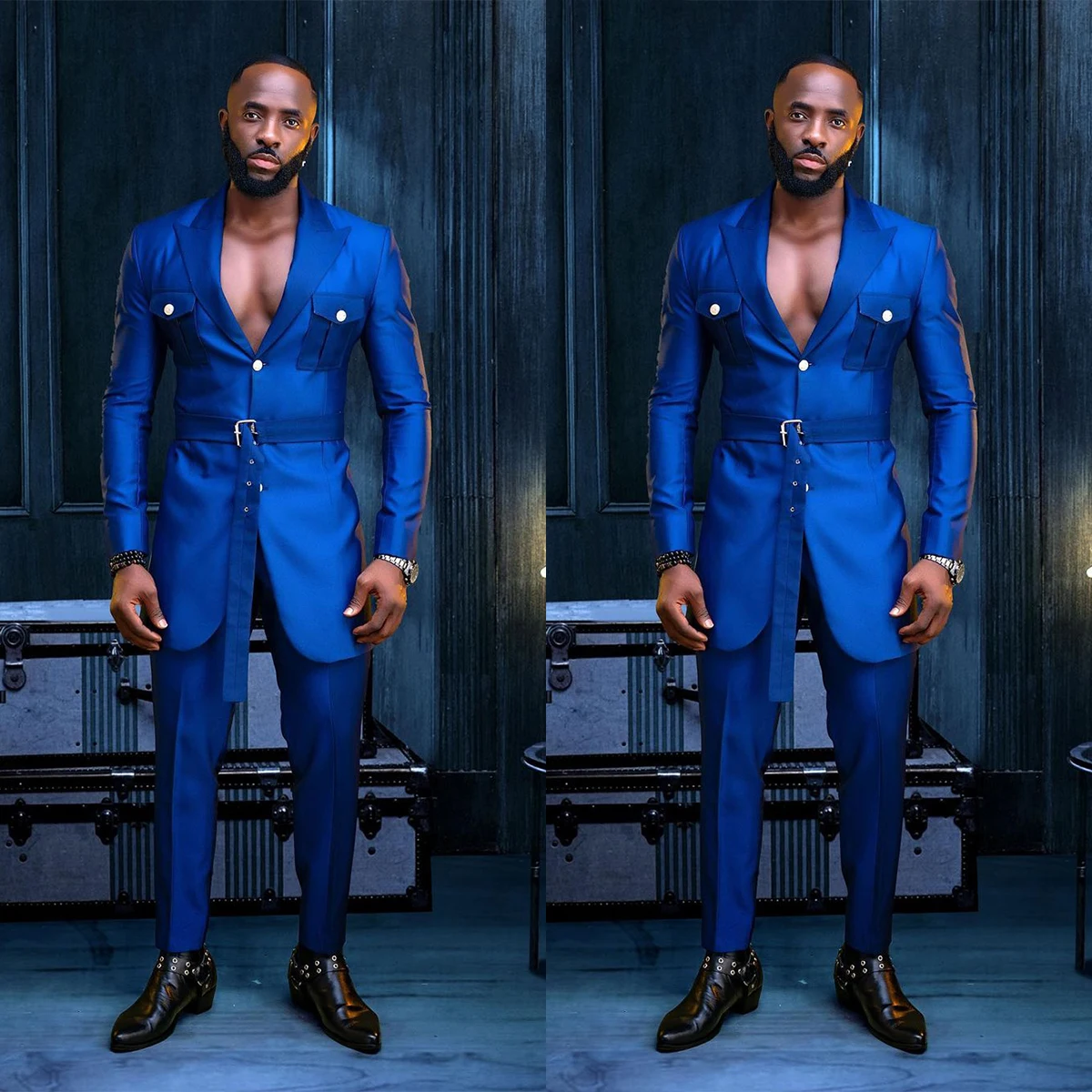 Men Wedding Suits Fashion Party Prom Suits For Men Peaked Lapel Groom Wear With Belt Slim Fit Tuxedos 2 Pcs Jacket Pants Made