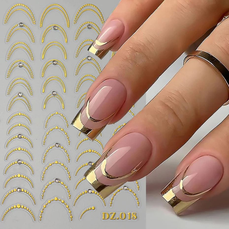 2개입 5D 엠보싱 골드 실버 프렌치 스타일 네일 스티커 우아한 라인스톤 메탈릭 물방울 무늬 곡선 라인 네일 참