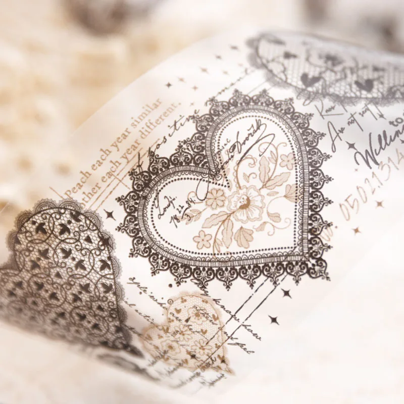 Yoofun 6x200cm The Dream of Lace Heart Shape Masking Tape Vintage PET Tape Creative DIY Journal Scrapbook Collage Stationery 2