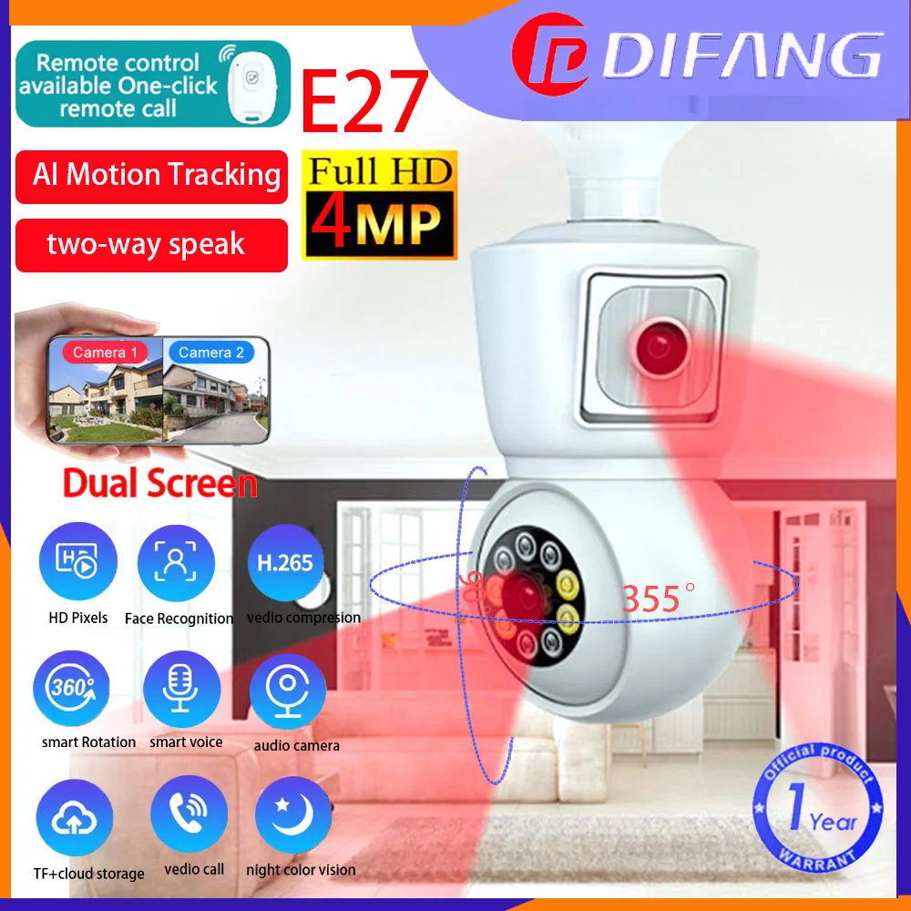 Difang 4MP E27 Dual Lens Wireless Bulb Camera,Two-Way Audio,Motion Detection,Remote Control audio,Color Night Vision,Alarm