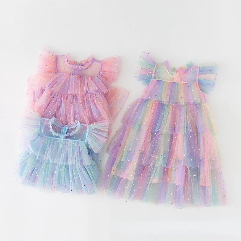 

Girls Tulle Super Fairy Princess Dresses Fly Sleeve Rainbow Star Sequined Cake Dress Children Mesh Puffy Birthday Party Vestidos