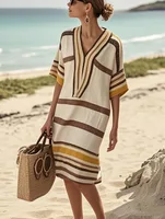 Loose Casual Striped Print Dress For Women Fashion Half Sleeved V Neck Midi Dress Spring Summer New Lady Commuter Dresses
