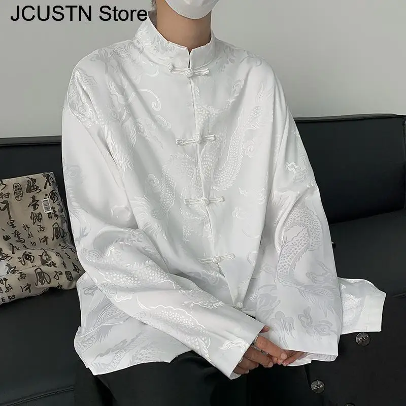 Male Hip Hop Gothic Tops Chinese Style Jacquard Dragon Shirt Harajuku Blouses Satin Streetwear Long Sleeve Tang Clothes