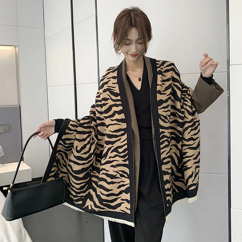 

Winter Scarf Women Zebra Pashmina Shawls and Wraps Cashmere Thick Warm Female Blanket 2022 Dual Shawl Fashion Poncho