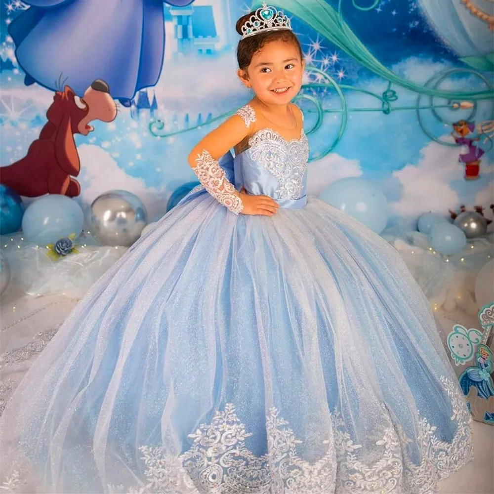 

Light Blue Flower Girl Dress Illusion Long Sleeve Maxi Dress Satin Sparkling Fluffy Tulle Ball Gown Communion Dress Girls Dress