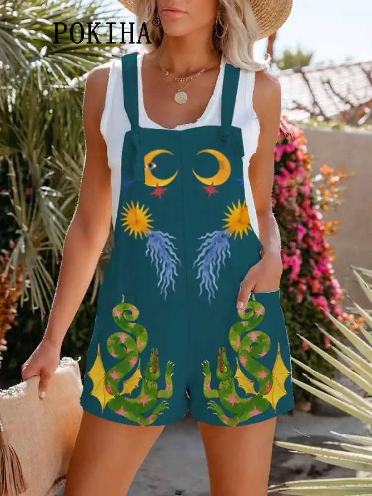

Pokiha Fashion 2023 New Summer Casual Print Women Sleeveless Jumpsuits Vintage Straps Slip Shorts Chic Female Playsuits Mujer