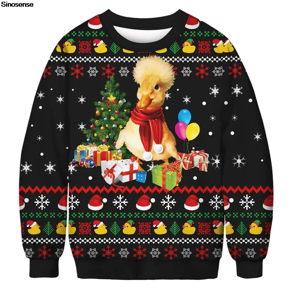 

Men Women Yellow Duck Ugly Christmas Sweater Xmas Jumpers Tops 3D Christmas Gift Tree Snowflakes Print Holiday Party Sweatshirt