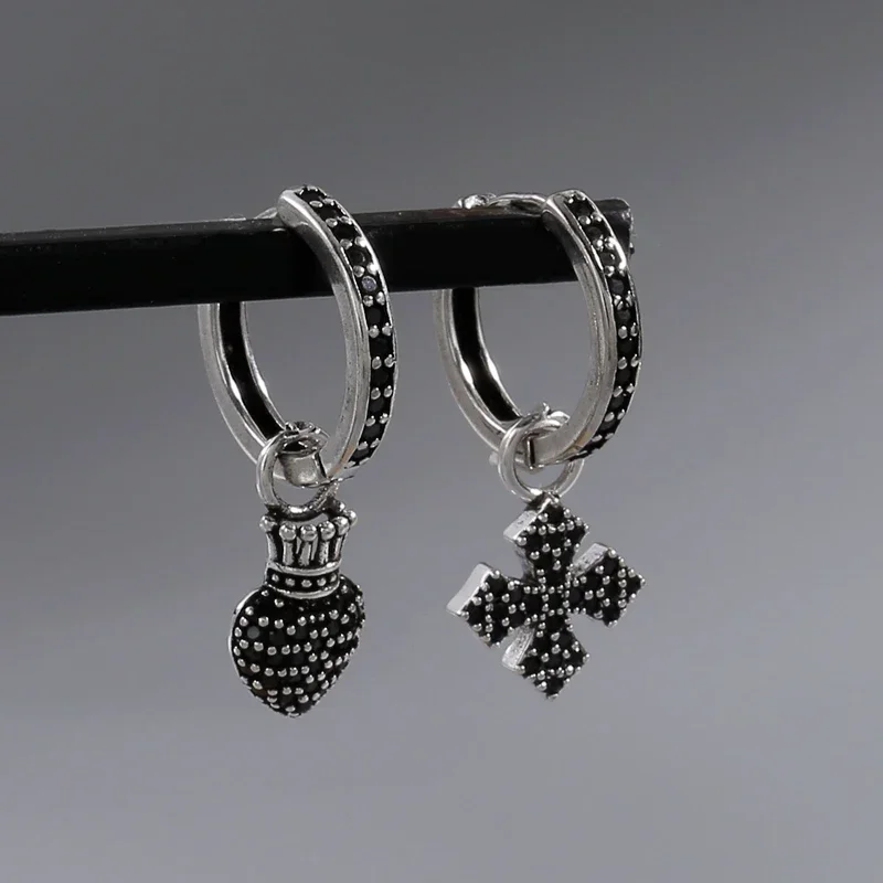 Unique Cross Crown Love Asymmetric Earrings with Male and Female Bands for Simple Personality