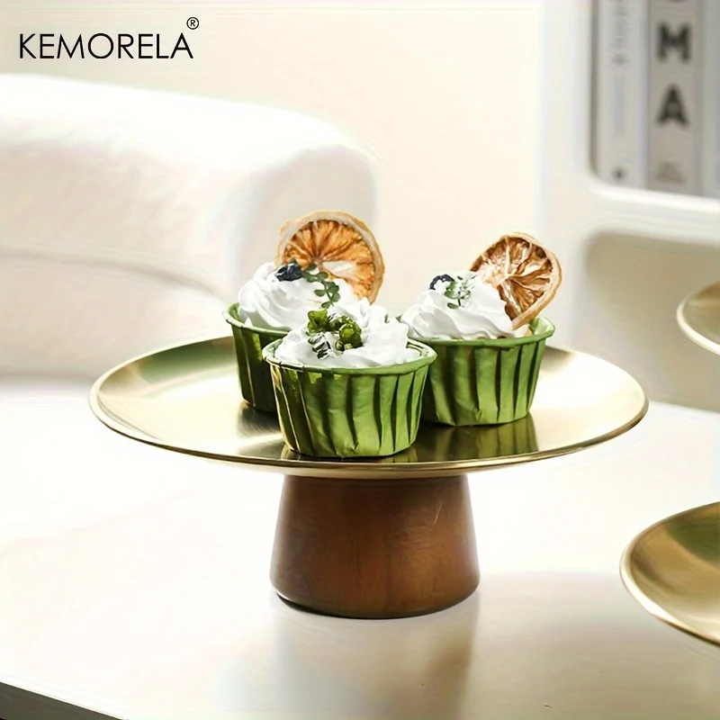 Stainless Steel Cake Tray Wooden Base Fruit Plate Wooden Serving Tray Cake Stand Cake Tray Korean Style Fruit Display Plate Dessert Plate Dining Table Home Decoration Ornaments