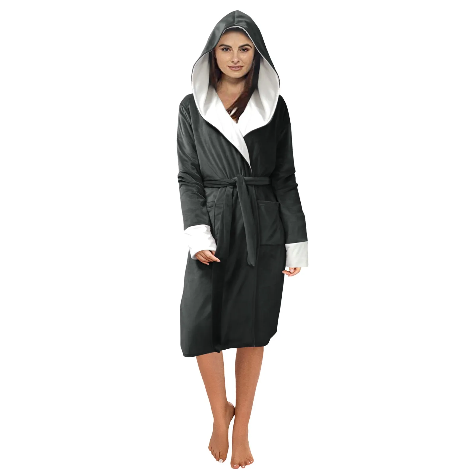 New Sky Blue Flannel Bathrobes Women's Solid Color X-long Hooded Flannel Bathrobes Winter Comfortable Kimono Nightgowns