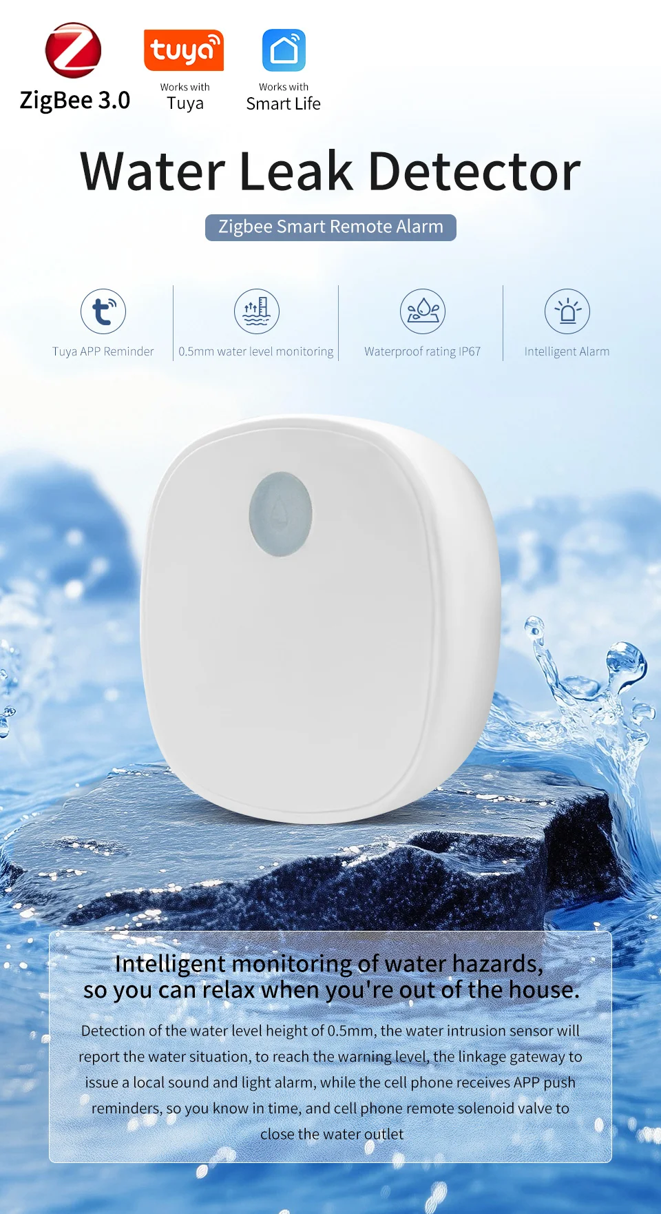 Zigbee Water Leak Sensor | Smart Home Water Detector With 1.2m Cable For Home Assistant