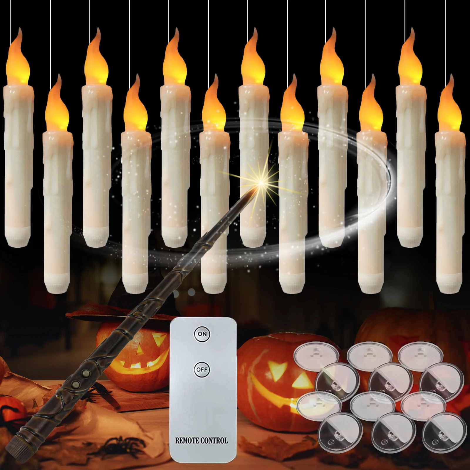 Set Di 20 Candele LED Sospese Con Bacchetta Magica, Luce Calda Flicker, Decorative Per Halloween E Natale