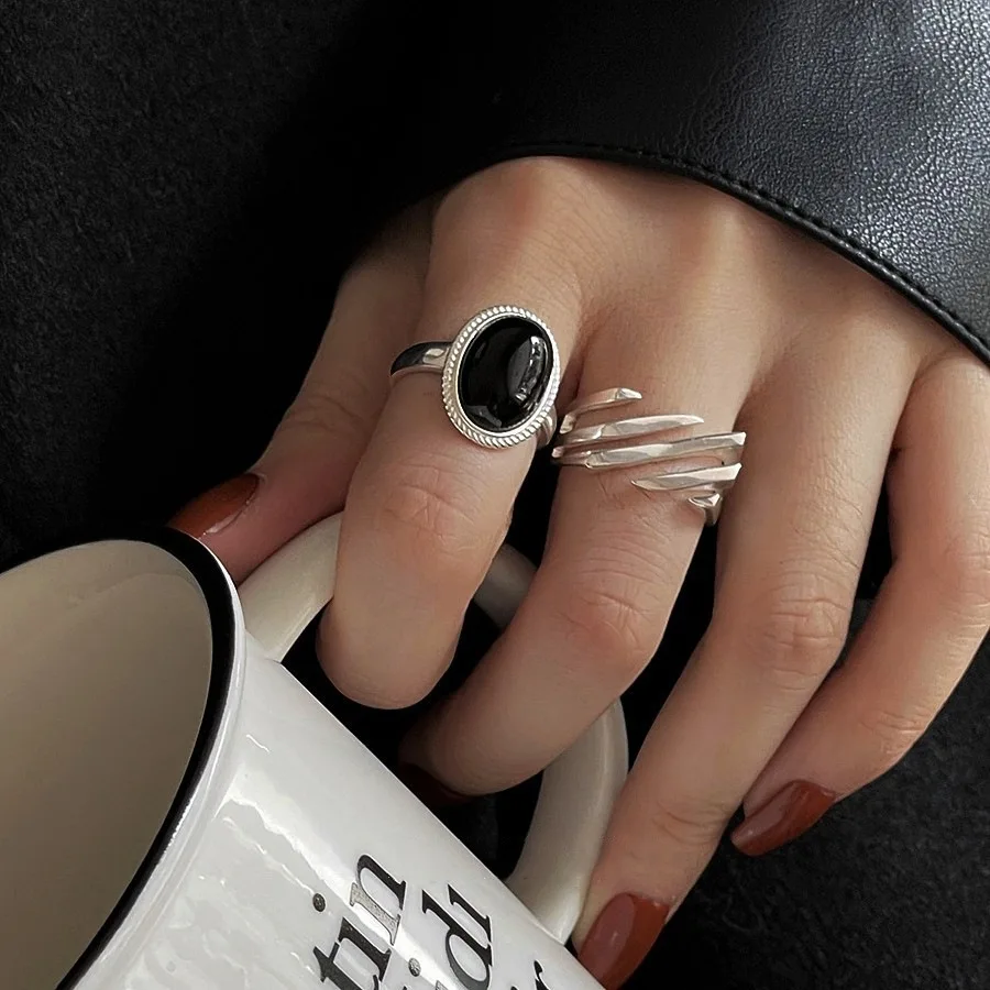 925 Sterling Silver Geometric Black Stone Rings For Women Girl Korean Simple Adjustable Couple Jewelry silver rings silver ring