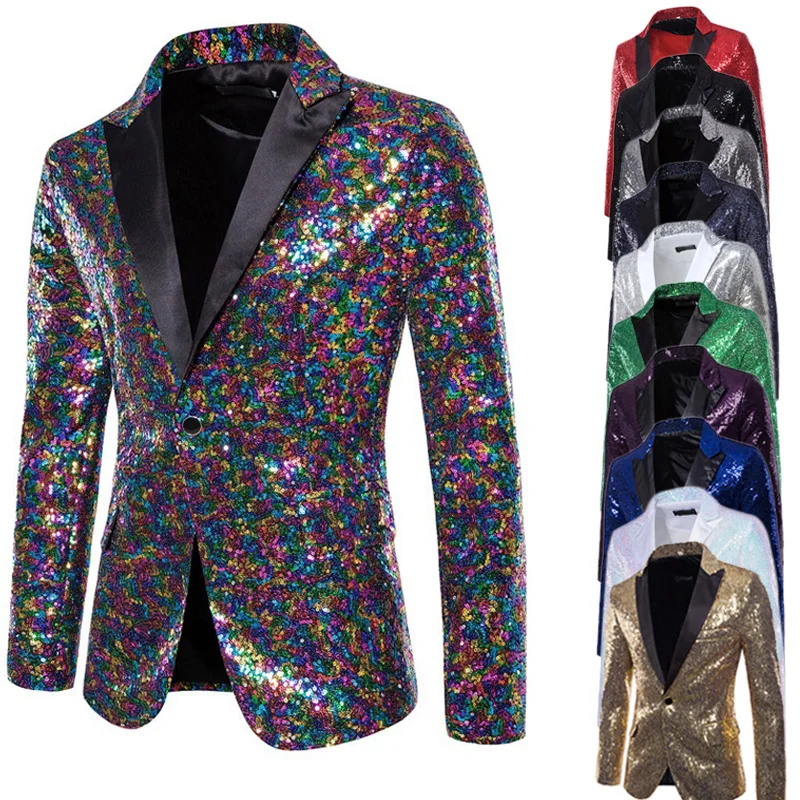 Men's Performance Sequined Suit Nightclub Men's Host Disco Cosplay Party Stage Suit Jacket Shiny Stage Costums