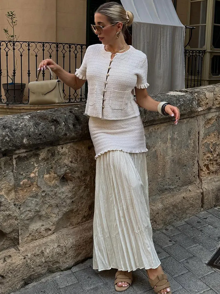 HH Women Elegant Solid Knitted Skirts Set O Neck Single Breasted Short Sleeve T-Shirt Tops Patchwork Skirt Office Lady Suits