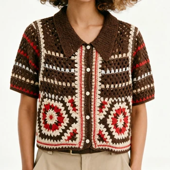 Crochet Cardigan Women Boho Granny Square Knit Button Up Short Sleeve Polo Shirt Blouse Boho Summer Tops Resort Wear