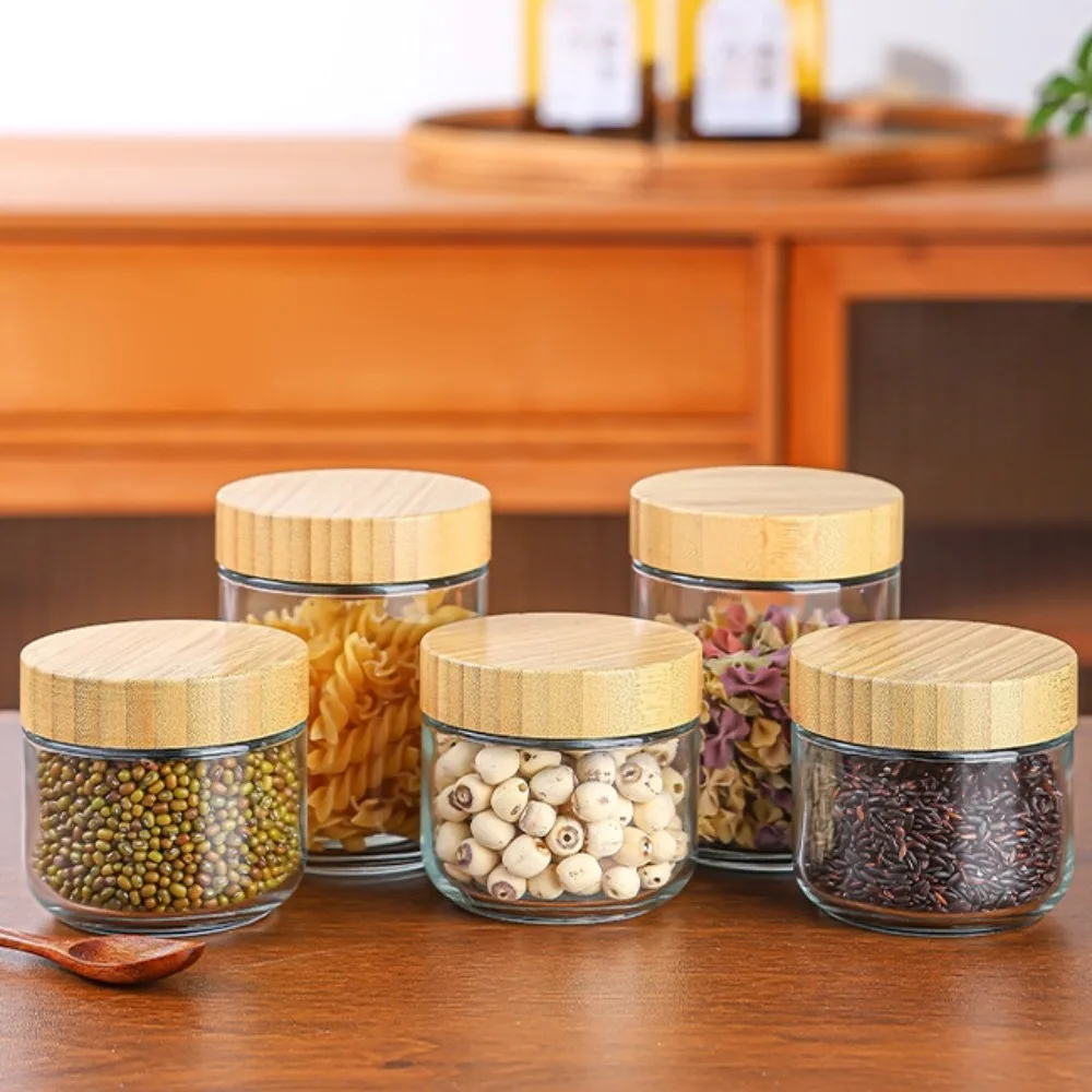 New Wooden Lids Overnight Oats Containers Airtight Cover Food Storage Tools Glass Jars Wide Mouth Meal Prep Jars for Salad Chia 3