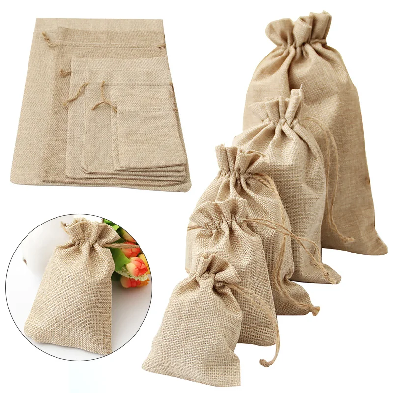 Natural Linen Burlap Bag Jute Gift Bags Jewelry Drawstring Bag with
