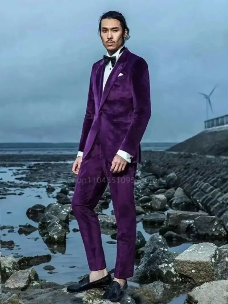 Purple Velvet Slim Fit Men's Tuxedo 2 Piece Groom Suit with Peak Lapel One Button Blazer And Pants Set for Wedding Prom Business