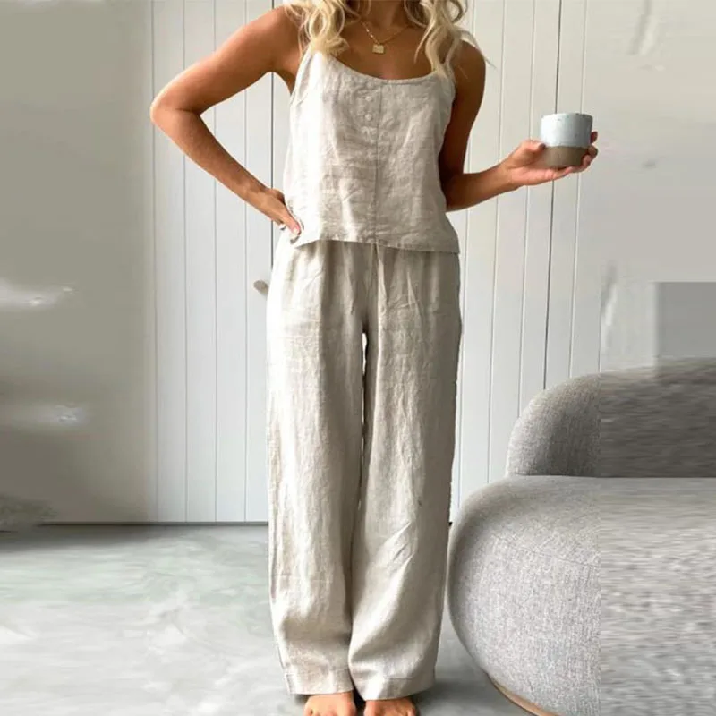 

Women Casual Cotton Linen Outfit Fashion O-neck Sleeveless Sling Vest & Long Pant Suit Spring Summer Elegant Solid Loose 2Pc Set