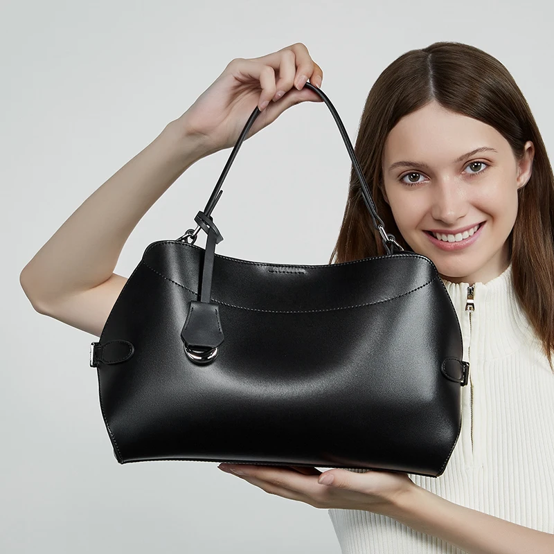 BURMINSA Genuine Leather Shoulder Bag For Women Cowhide Elegant Office Work Top Handle Handbags Classic Everyday Commuting Purse 1