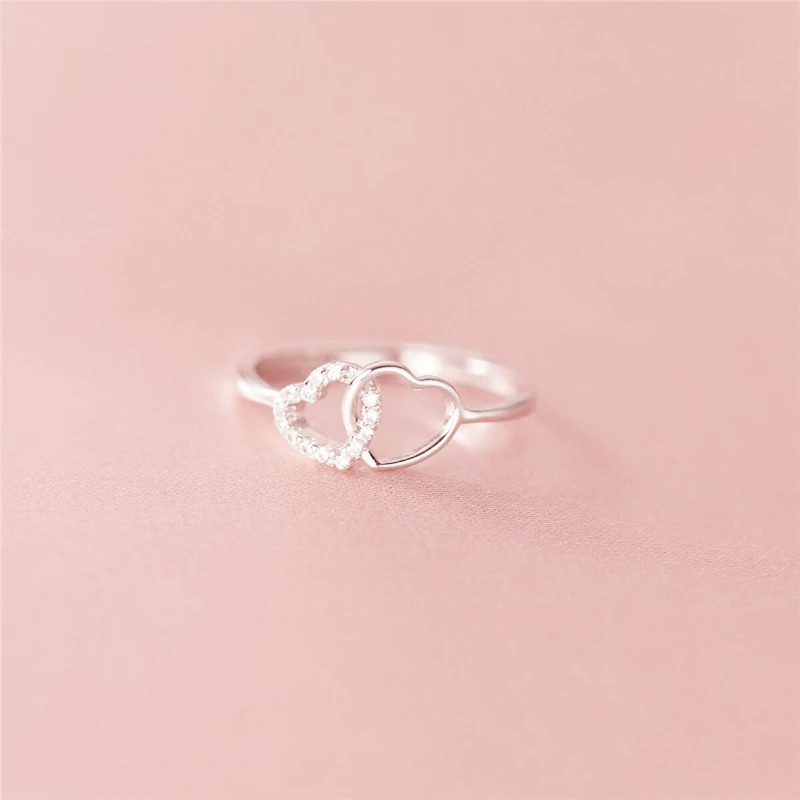 WYEAIIR 925 Sterling Silver Sweet Romantic Openwork Zircon Two Hearts Resizable Opening Ring For Women Luxury Jewelry 6