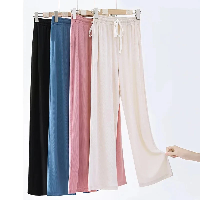 Women Long Pants Spring Summer Straight Long Elastic Waist Wide Leg women long trousers Casual Soft Knitted Pants