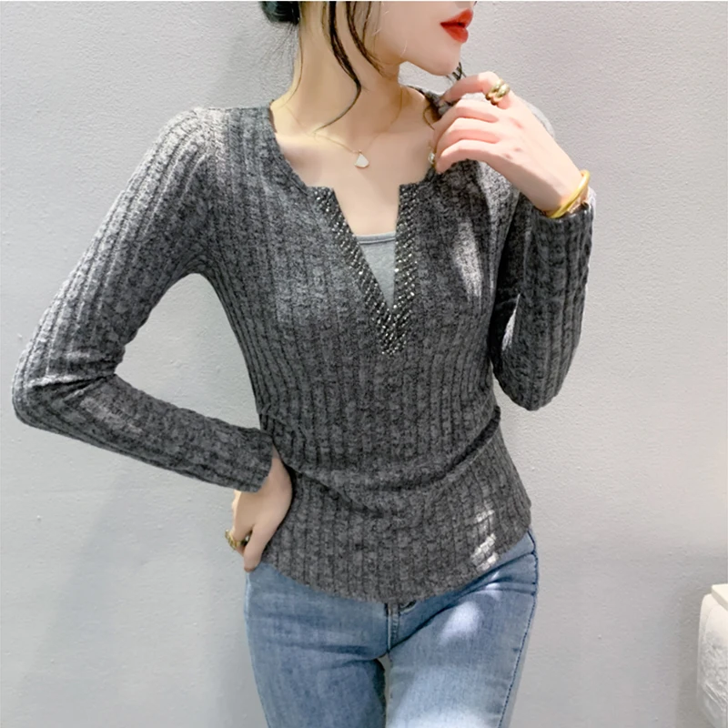 

#7007 серая короткая футболка цвета хаки Женская трикотажная футболка с V-образным вырезом с разрезом пикантная эластичная женская футболка с длинным рукавом облегающая весенняя