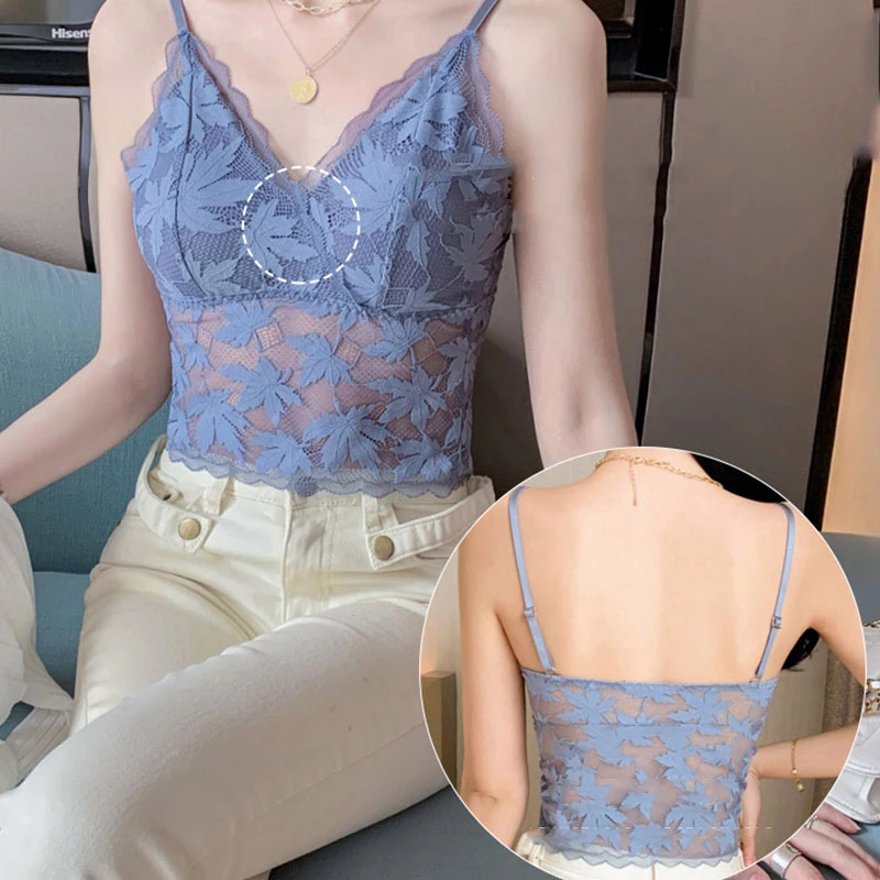 2021 Female Summer Crop Tank Top Women Fashion Deep V Lace Bras Embroidery Floral Tank Top Bra Wrapped Chest Camisole Padded Bra