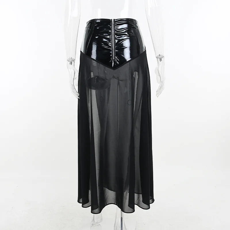 Grunge Punk Black Chain Lace Up Skirt Y2K Goth Harajuku Sexy Faux Fur Patchwork Split Long Skirts Summer Fashion Skirt