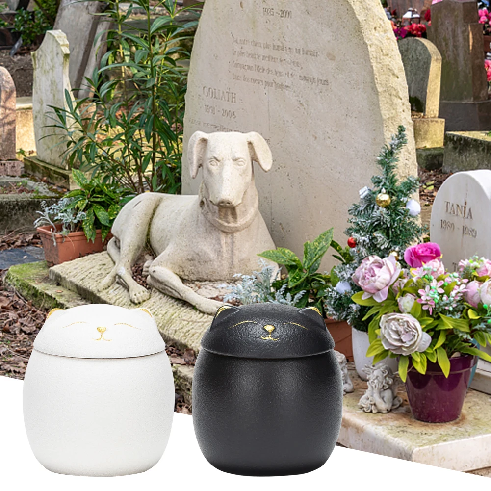 Cremation Urn Cat Shape Pet Ceramic Canister Memorial Urn Seal Pot Keepsake Casket Porcelain Jar Pet Ashes Storage Memento Burial Holder Pet Memorial Stones