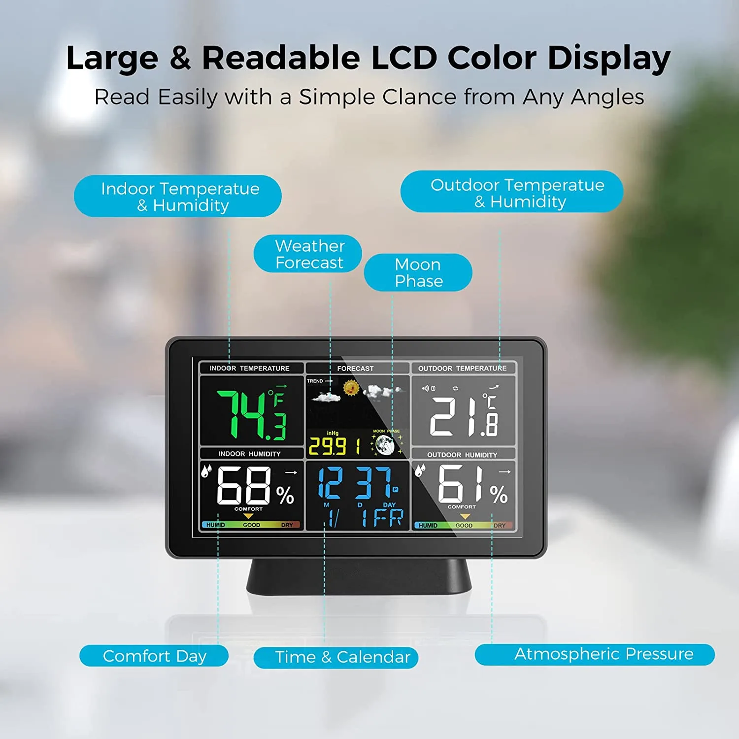 

WiFi Color Screen Smart Weather Station Temperature and Humidity Meter 4-Day Weather Forecast Atmospheric Pressure Weather Clock