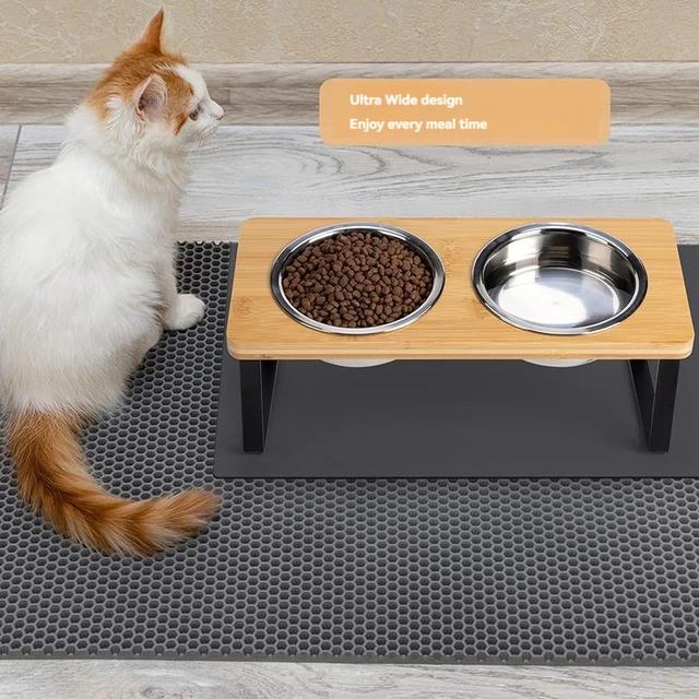 Tall cat bowl rack stainless steel double bowl wrought iron solid wood bamboo cat food bowl small dog rice bowl 5