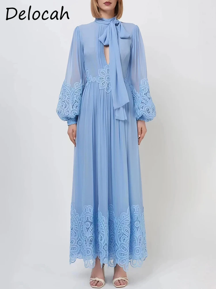 

Delocah High Quality Autumn Women Fashion Runway Blue Dress Lantern Long Sleeve Bow Draped High Waist Pleated Lace Hem Dresses