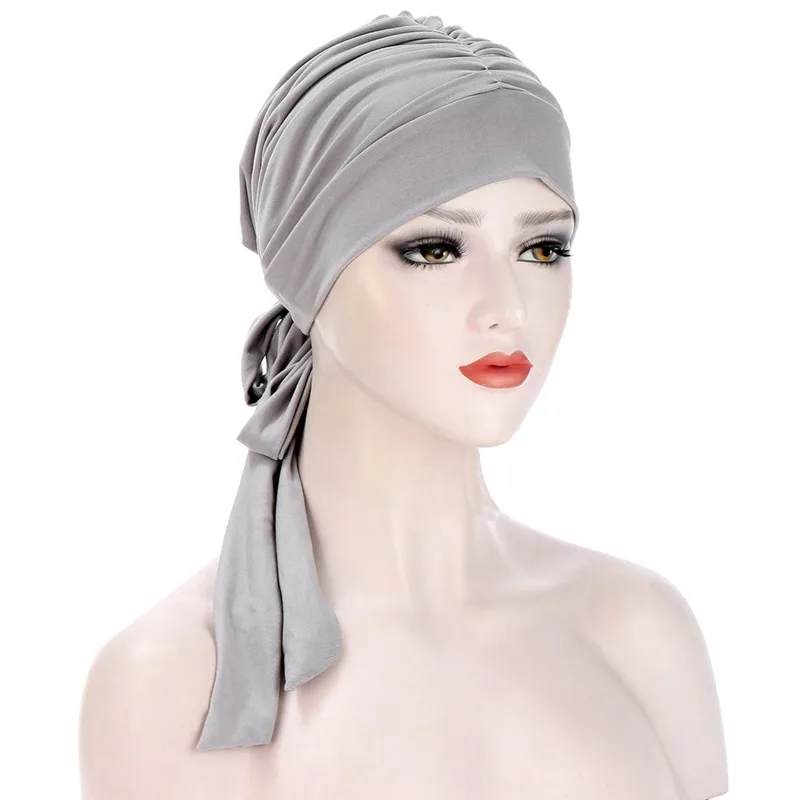 Solid Long Tail Bow Turban Hat Elastic Headwrap Scarf Beanies Hat India African Headband Muslim Hijab Ladies Night Cap 2023 4