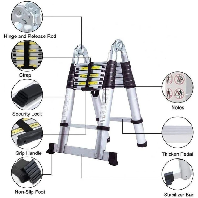 Escalera telescópica portátil, escalera extensible de aluminio, escalera  vertical plegable de alta resistencia con pie antideslizante, escalera